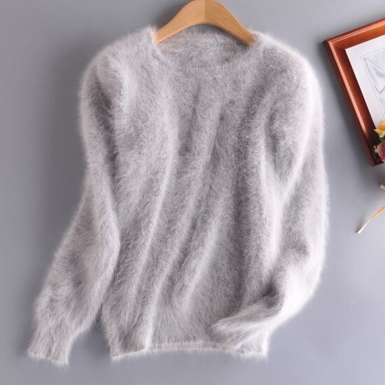 Angora Pullover Rundhals hellgrau