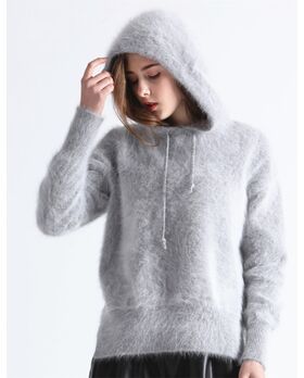 Trendiger Angora Pullover PREMIUM mit Kapuze grau