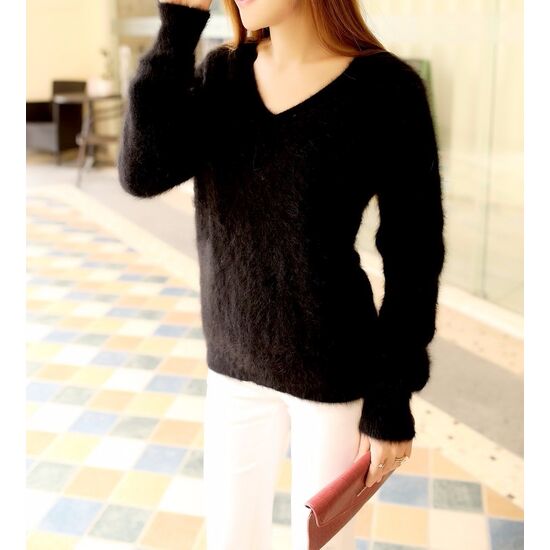 Angora Pullover V-Ausschnitt schwarz XS/S