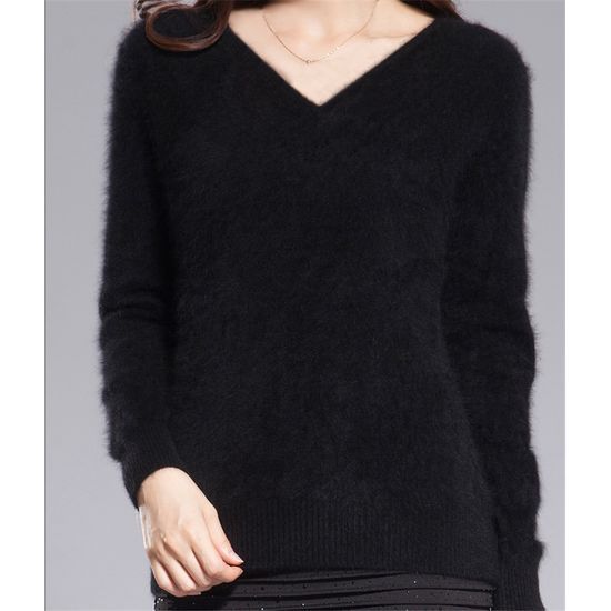 Angora Pullover V-Ausschnitt schwarz