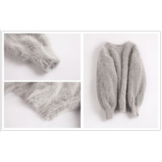 Angora Pullover Rundhals PREMIUM hellgrau S
