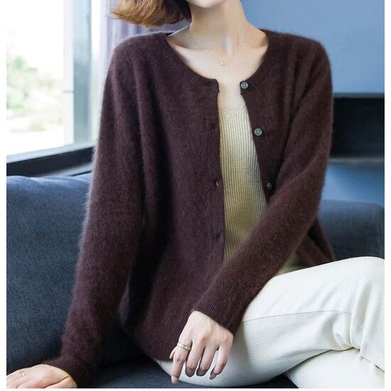 Angora Cardigan Rundhals hochflauschig braun XS