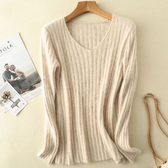 Angora Pullover V-Ausschnitt creme XS