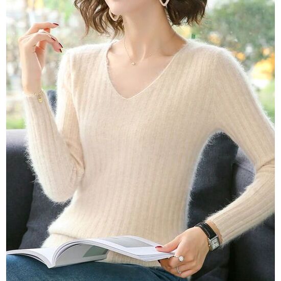 Angora Pullover V-Ausschnitt creme XS